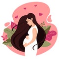 Pregnant woman in a white dress on a background of leaves. Cartoon healthy mother with long hair holds her hands on her stomach wi